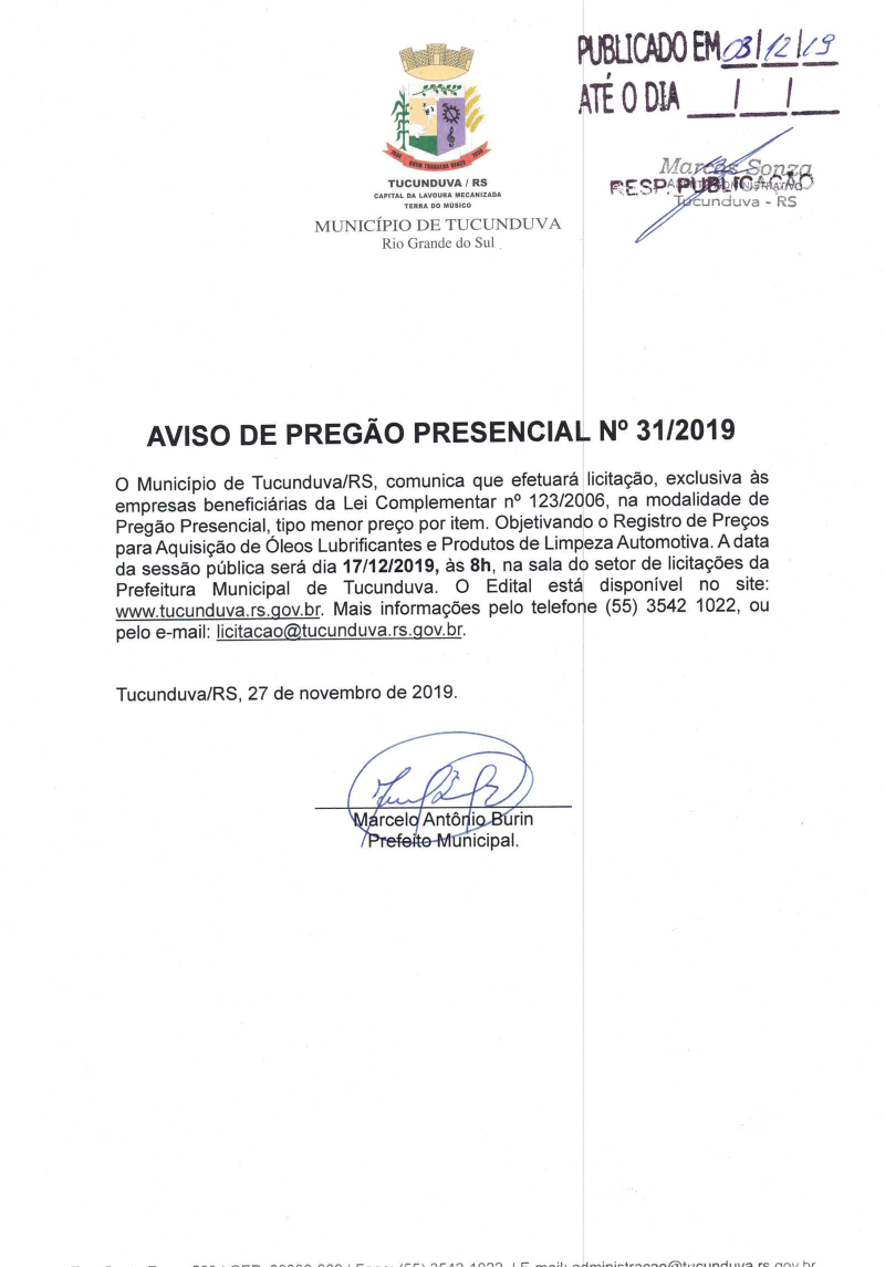 AVISO DE PP 31_2019 EXC SRP ÓLEO LUB E PROD LIMP AUTO